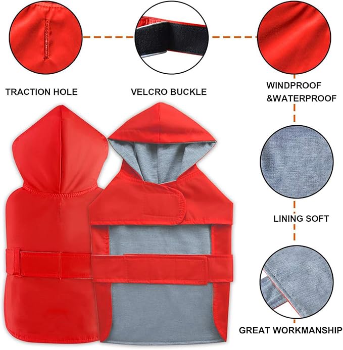 Dog Raincoat Dog Rain Jacket Poncho Waterproof Pet Rain Suit Double Layer Breathable Lining Hooded Leash Hole Adjustable Puppy Small Medium Dogs,Red,XL