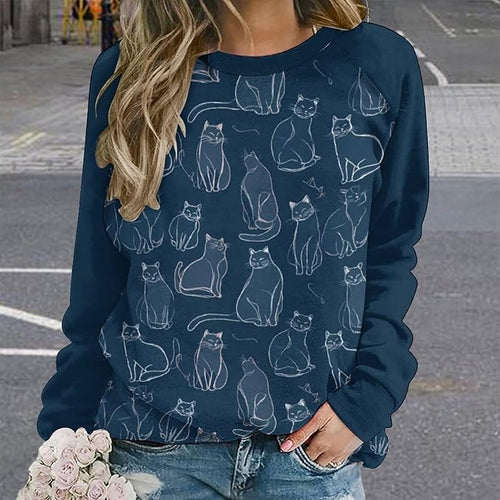 Abstract Cute Cat Shirts for Women Long Sleeve Lady Crewneck Pullover Sweatshirt Fall Winter Oversized Tops
