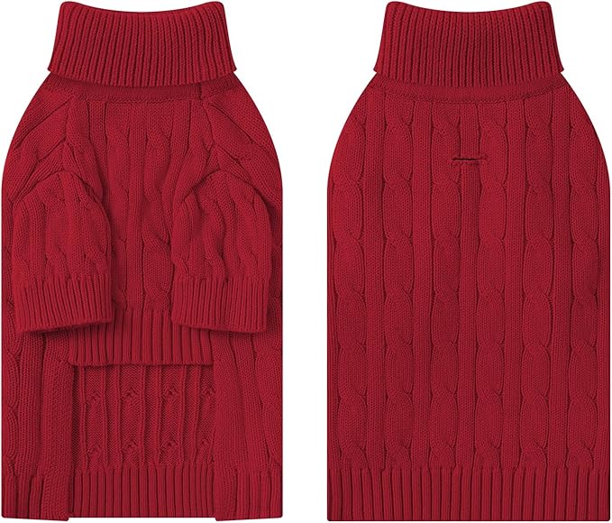 Small Dog Thermal Pullover Sweater, Classic Turtleneck Cable Knitwear Dog Clothes for Cold Weather Warm Pet Clothes for Chihuahua, Bulldog, Dachshund, Pug Red Large