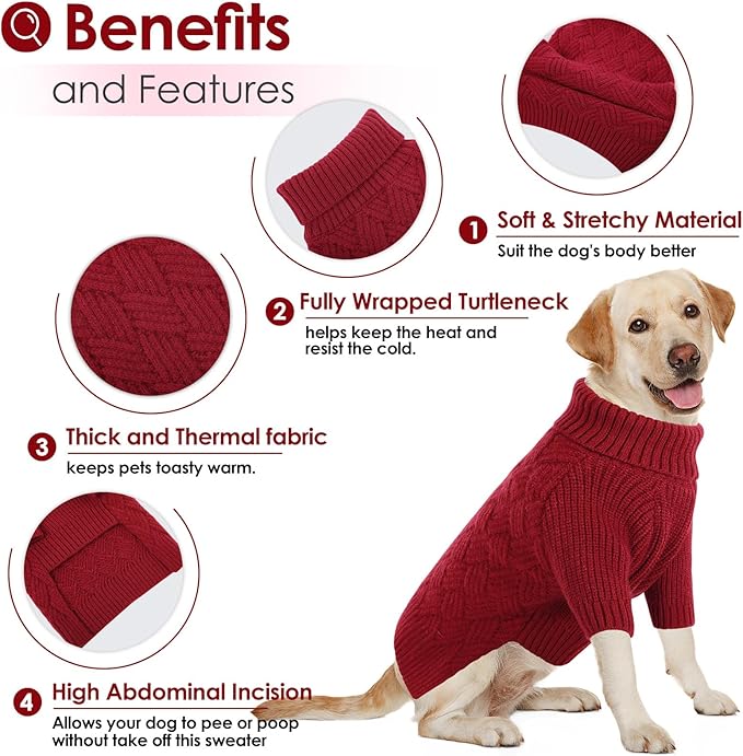 AOFITEE XL Dog Sweater, Dog Sweater Large Size Dogs, Large Dogs Sweaters for Female Male, Turtleneck Thick Warm Knitted Winter Fall Pet Sweatshirt Pullover, Solid Pet Christmas Sweaters (Red, XLarge)