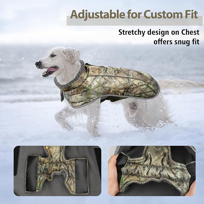 Fragralley Dog Coat Large, Waterproof Dog Jacket with Warm Fleece Lining, Adjustable Reflective Dogs Winter Coat, Turtleneck Pet Coats for Cold Weather (Reed Camouflage XL)