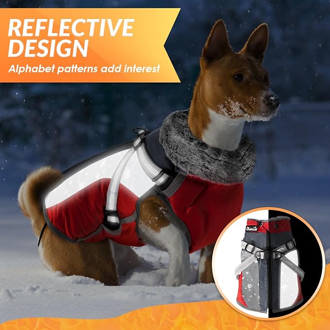 SlowTon Dog Jacket with Harness Built in - Waterproof Fleece Winter Warm Dog Coats for Small Medium Dogs, Reflective Adjustable Furry Puppy Vest Clothes for Outdoor Walking (Red & Black,XS)