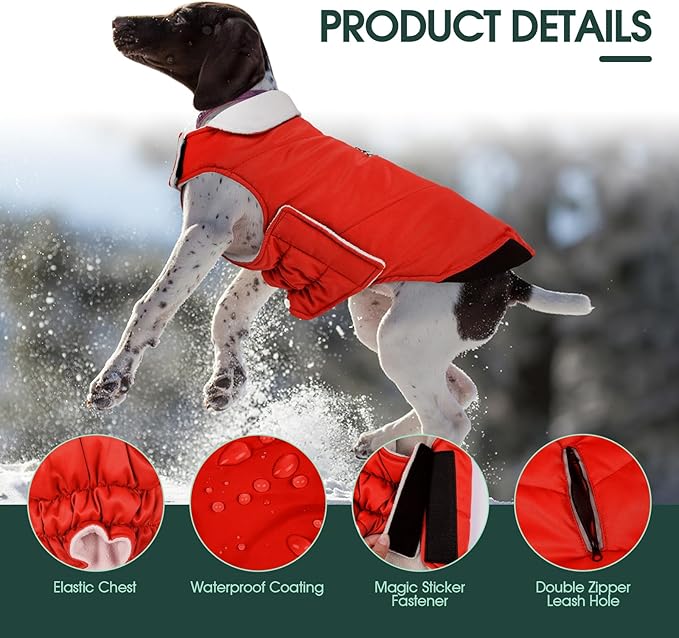 Kuoser Dog Coat Large, Cold Weather Reflective Waterproof Dogs Jacket with Warm Fleece Lining, Turtleneck Dog Winter Coat with Zipper, Doggy Snow Jacket Pet Coats for Small Medium Large Dogs, Red XL