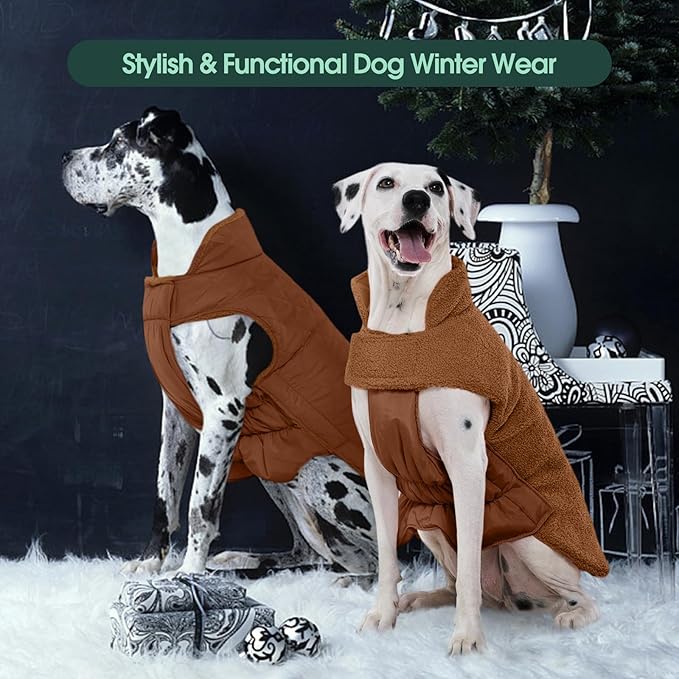 Kuoser Reversible Dog Coat – Warm Fleece & Quilted Waterproof Dog Jacket, Double-Sided Cold Weather Dogs Winter Coat with Harness Hole, Windproof Pet Snow Vest for Small Medium Large Dogs, Brown XS