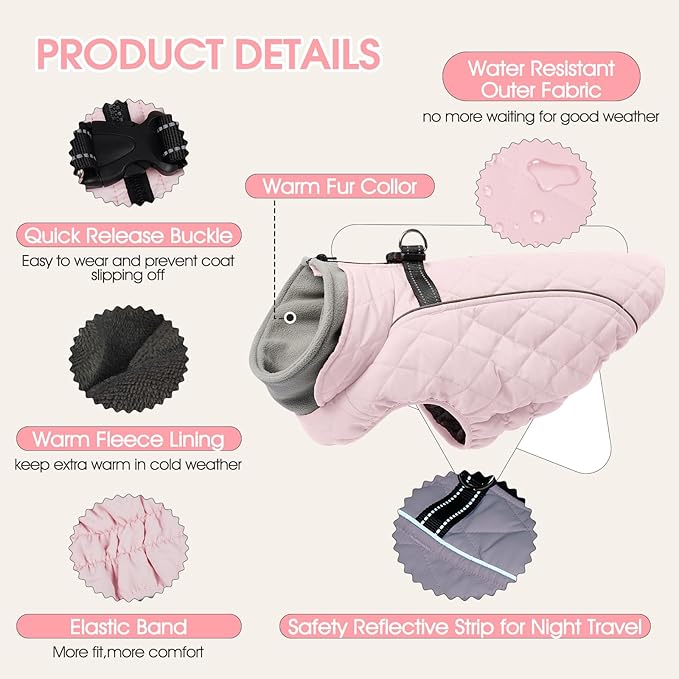 Dog Coat with Harness Built in -Pink,2XL- Fleece Lined Dog Snow Jacket Snowsuit，Adjustable Reflective Winter Warm Cold Weather Coat