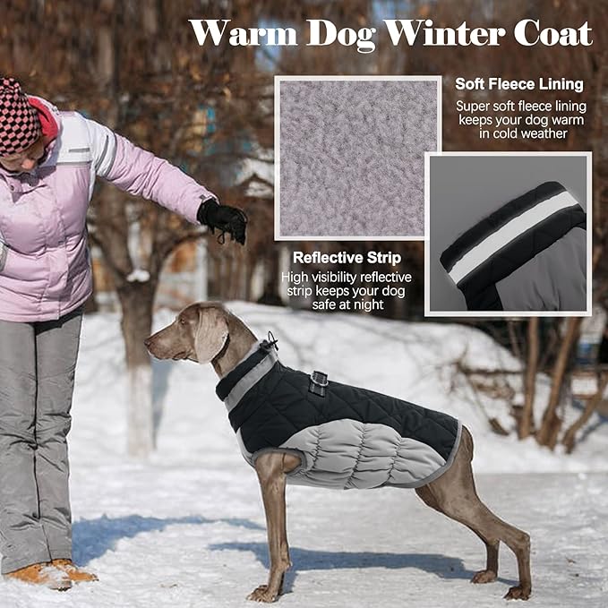 Lelepet Dog Coat Warm Dog Winter Coat Waterproof Dogs Jacket with Harness Built in Reflective Pet Fleece Vest Zip-Up Cold Weather Coats for Large Dogs Turtleneck & Windproof Coats Boxer Black XL