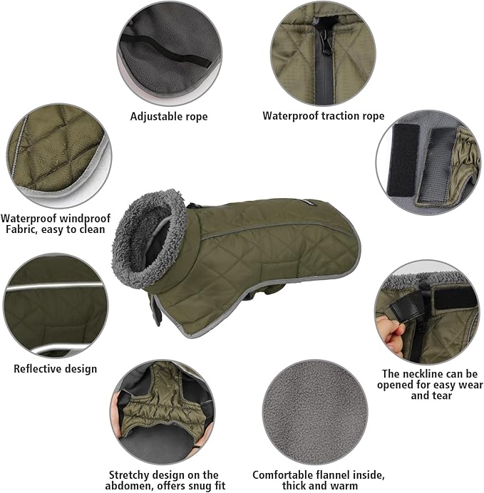 Fragralley Dog Coat Medium, Waterproof Dog Jacket with Warm Fleece Lining, Adjustable Reflective Dogs Winter Coat, Turtleneck Pet Coats for Cold Weather (ArmyGreen M)