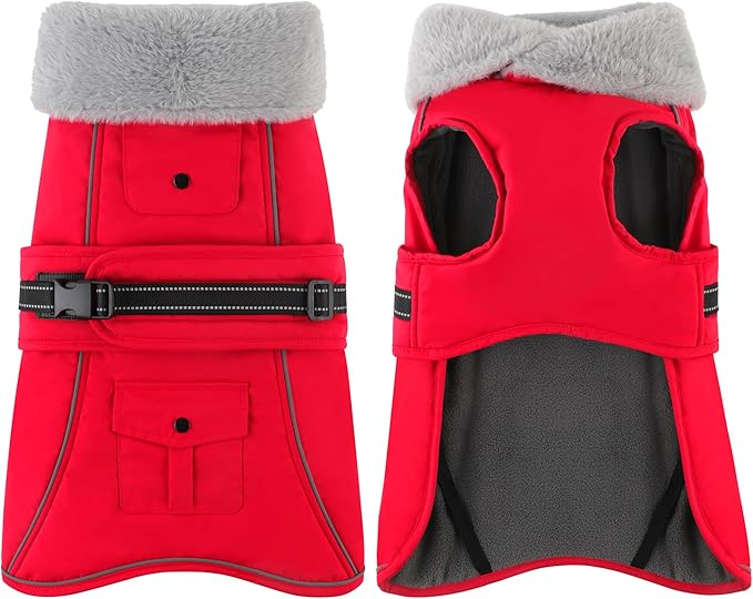 Dogcheer Dog Coat with Pocket, Waterproof Dog Jacket with Adjustable Buckle, Reflective Puppy Winter Coat Warm Turtleneck Fleece SnowJacket for Small Medium Large Dogs - Red XL
