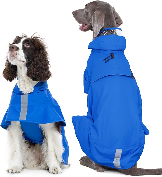 Kuoser Dog Raincoat, Waterproof Dog Rain Jacket with Clear Hooded Double Layer, Lightweight Reflective Dogs Rain Coat with Adjustable Belly Strap, Rain Coats for Medium Large Dogs Outdoor Wear, Blue L
