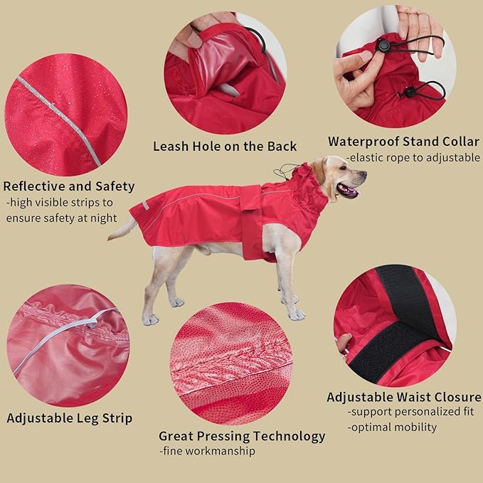 Adjustable Waterproof Dog Raincoat for Dogs,Lightweight Pet Rain Jacket Puppy Clothes with Reflective Strip for Small Medium Large Dogs (Red, XX-Large)