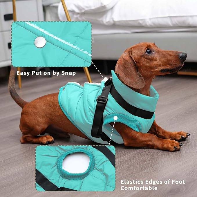 Dog Jacket with Harness,Fleece Lined Warm Puppy Coat for Winter,Soft Windproof Large Dog Vest,Bluegreen XXXL