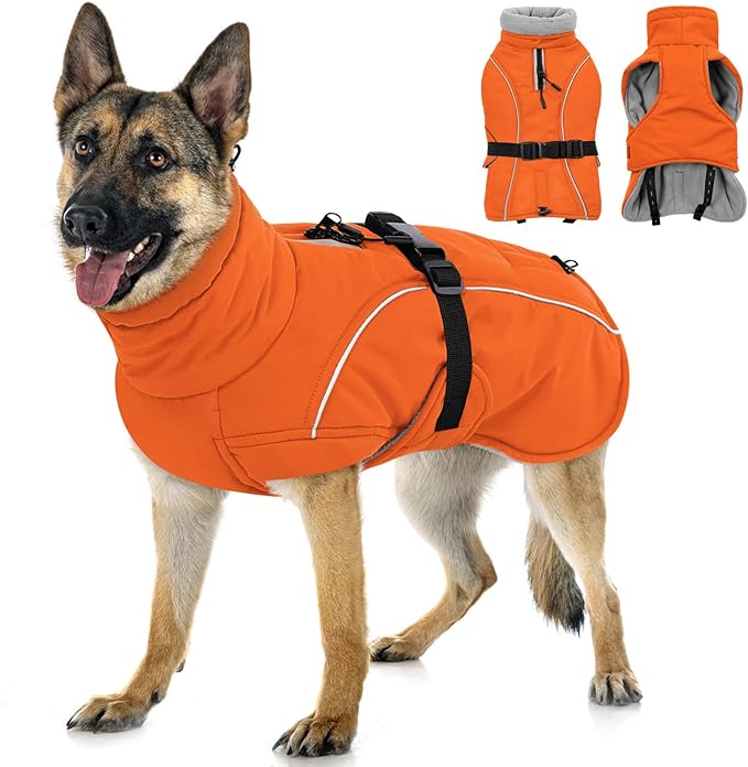 Queenmore Winter Dog Coat Warm Dog Jacket Vest Waterproof Puffer Fleece Snowsuit Adjustable Buckle Leash Hole Reflective Cold Weather Parka for Small Medium Large Dogs Girl Boy Orange XXL