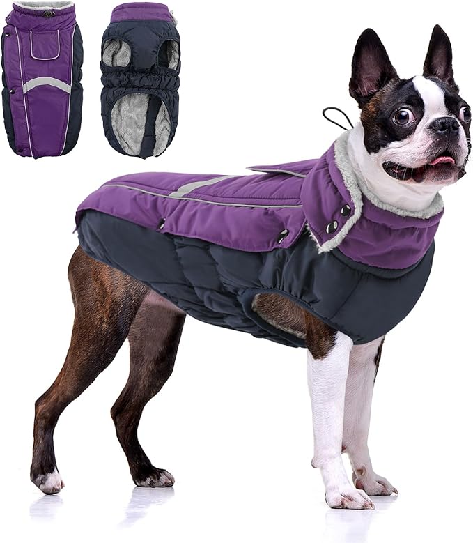 Queenmore Waterproof Dog Coat for Small Dogs,Reflective Windproof Dog Jackets with Leash Hole,Winter Dogs Coat with Zipper On Back,Warm Snowsuit with Fleece Lining（Purple,S