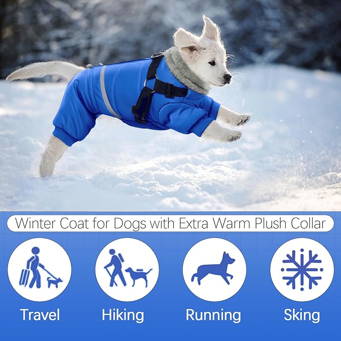 BRKURLEG Blue Dog Winter Coat, Cozy Winter Dog Jackets, Small Dogs Coat with Harness, Onesie Body Warm Puppy Christmas Jacket, Pet Reflective Cold Weather Jackets, Puppy Four-Legged Puffer Coats, S