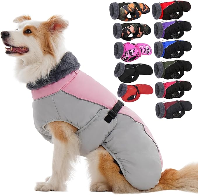 IECOii Extra Warm Dog Jackets for Large Dogs, Insulated Thermal Fleece Vest for Winter, Waterproof Reflective XL Dog Coat with Fur Collar, Windproof Cold Weater Clothes with Leash Hole, Pink, XL