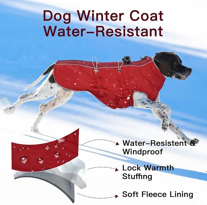 Dog Winter Jacket - XX Large, Warm Zip Up Snowsuit Dog Harness Vest, Reflective, Water-Resistant, Red