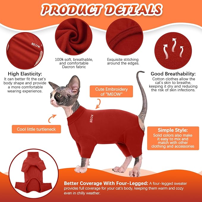 ROZKITCH Hairless Cat Clothes, Breathable Soft Cat Jumpers for Cats Only, Cat Coat with Four Legs, Warm Cat Sweater Cat T-Shirt Cat Pajamas Jumpsuit Vest Cornish Rex Devon Rex Peterbald Red M