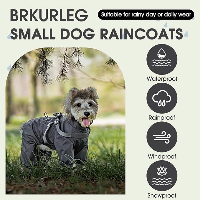 BRKURLEG Dog Raincoat with Harness for Small Dogs, Adjustable Waterproof Dog Rain Jacket, Reflective Rainproof Puppy 4 Legs Raincoat, Full Body Pet Rain Jacket, Dark Grey, M