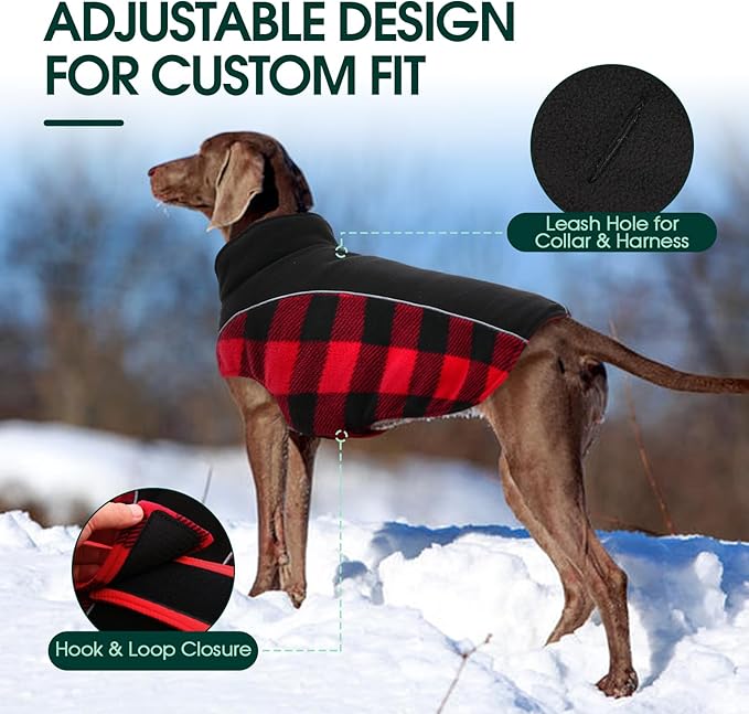 Kuoser Dog Winter Coat, Reversible Waterproof Dog Jacket with Reflective Strip, Warm Dogs Fleece Vest Adjustable Doggy Cold Weather Clothes Plaid Christmas Outfit Pet Apparel for Medium Dogs, Red M