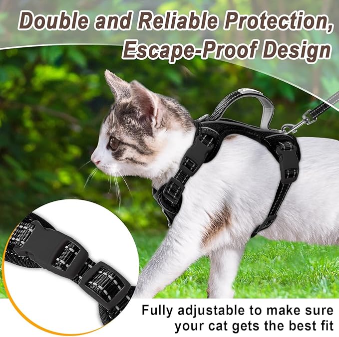 Cat Harness and Leash Set for Walking Escape Proof for Small Large cat Kitten Harness with ID tag Pocket (Black,S)