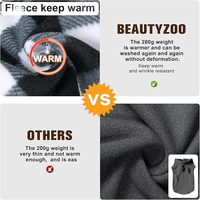 BEAUTYZOO Small Dog Sweater Fleece Vest Winter Jacket, D-Ring Leash Attachment for XS S Puppy Medium Sized Breeds Dogs, Cold Weather Dog Clothes Windproof Keep Warm, Classic White Plaid XS