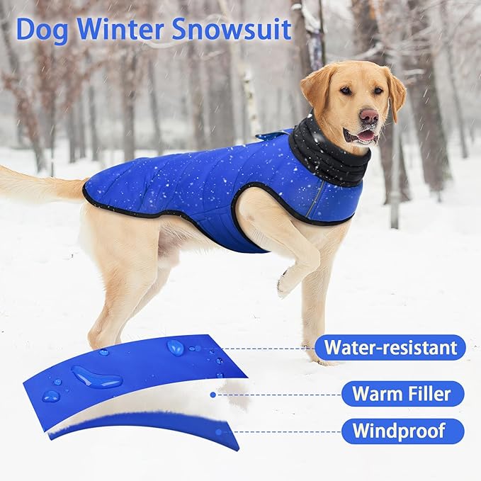 MIGOHI Lightweight Dog Coat, Windproof Dog Jacket, Puffer Jacket for Medium Dogs, Padded Vest with Reflective Strips, Warm Snow Vest in Cold Weather, Easy On Hook & Loop Belly, Blue, L