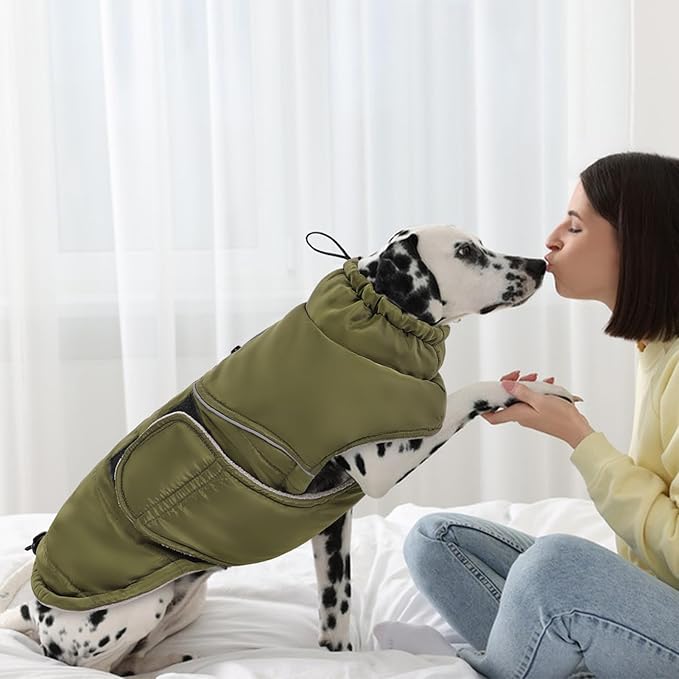 Peferhouse Dog Warm Winter Coat - Dog Cold Weather Reflective Jacket with Harness Hole Thick Vest ArmyGreen M