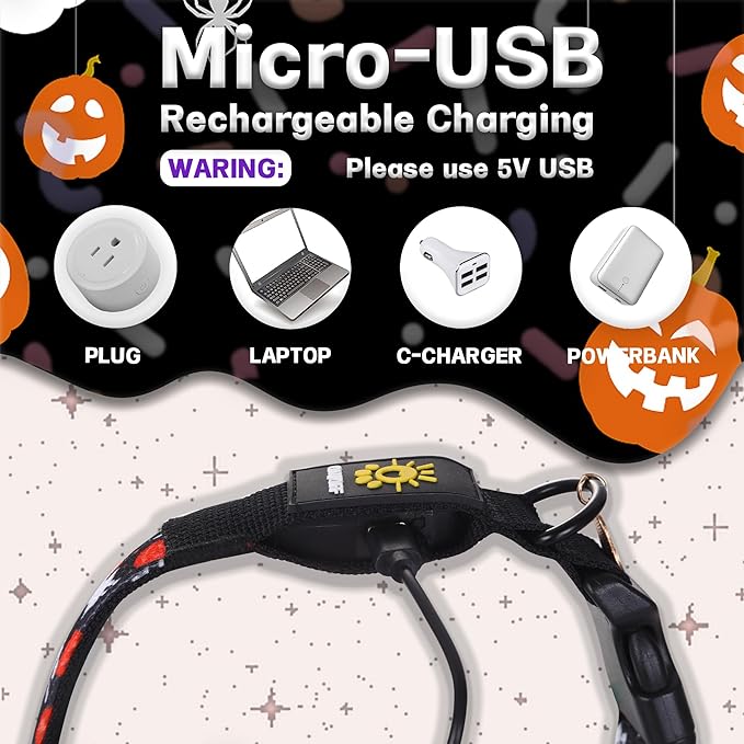 DOGWONG LED Dog Collar - Halloween Light up Dog Collars - Rechargeable Waterproof - Fall Lighted Dog Collars for Night Walking, Hiking, Camping
