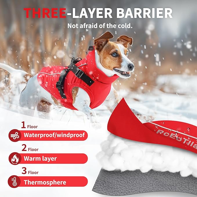 Dog Winter Coat Reflective Water-Resistant Jacket, Fleece Lined Windproof Puppy Coat with Back Zipper & D-Ring, Cold Weather Dog Coats for Small Medium Large Dogs (M, Red)