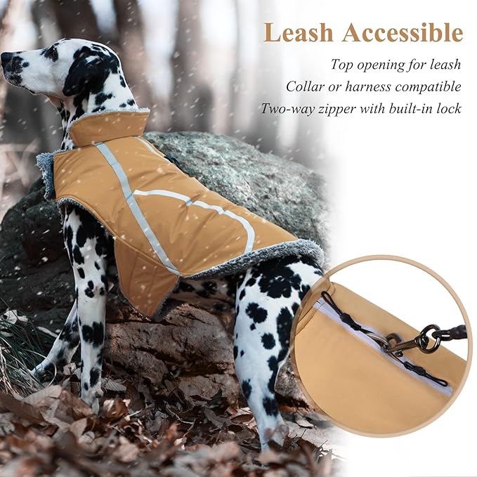 VIVAGLORY Frostfit Dog Coat, Dog Jacket for Winter & Cold Weather, Warm Fluffy Fleece Lined Water Resistant Reflective for Puppy, Coat with Velcro Fastening & Leash Hole, M+, Khaki