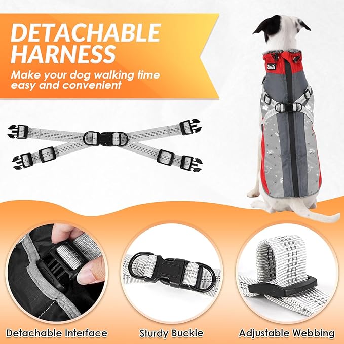 SlowTon Dog Jacket with Harness Built in - Waterproof Fleece Winter Warm Dog Coats for Small Medium Dogs, Reflective Adjustable Furry Puppy Vest Clothes for Outdoor Walking (R, L)