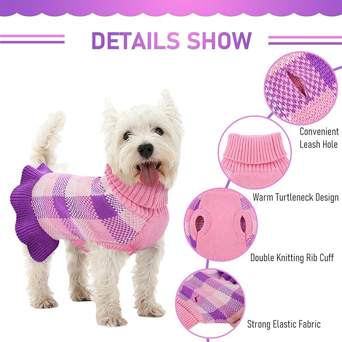 Dog Sweater Dress Plaid Knitwear for Small Medium Dogs Warm Puppy Pet Turtleneck Stretch Pullover Cute Fall Winter Vest Clothes with Leash Hole for Christmas (Purple, L)