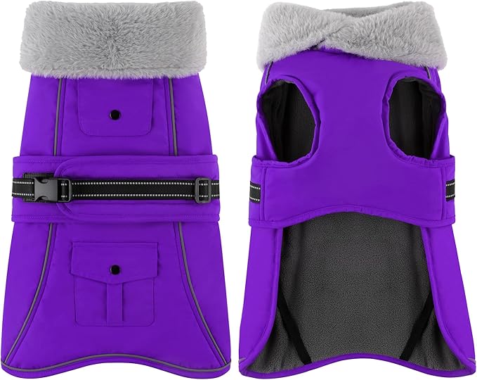 Dogcheer Dog Coat with Pocket, Waterproof Dog Jacket with Adjustable Buckle, Reflective Puppy Winter Coat Warm Turtleneck Fleece SnowJacket for Small Medium Large Dogs - Purple 2XL