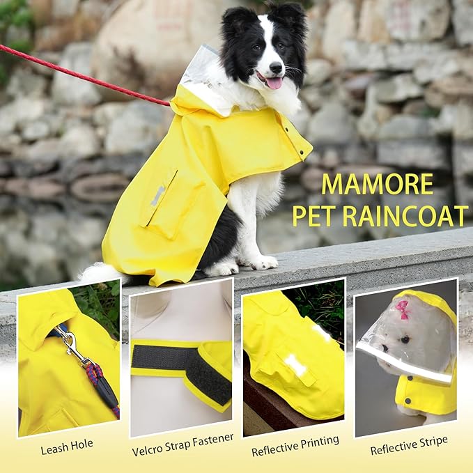 Dog Raincoat Waterproof, Adjustable Reflective Hooded Dog Rain Poncho with Leash Hole for Small Medium Large Dogs (Yellow, Medium)
