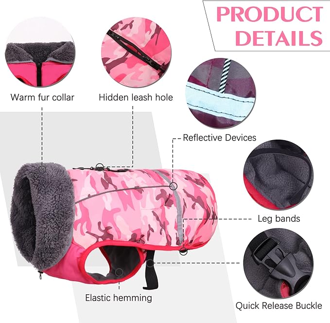 QBLEEV Warm Dog Coat Reflective Jacket, Waterproof Dog Winter Coat Turtleneck Puppy Clothes for Cold Weather, Thick Fleece Pet Snowsuit Christmas Vest Apparel for Small Medium Large Dogs S