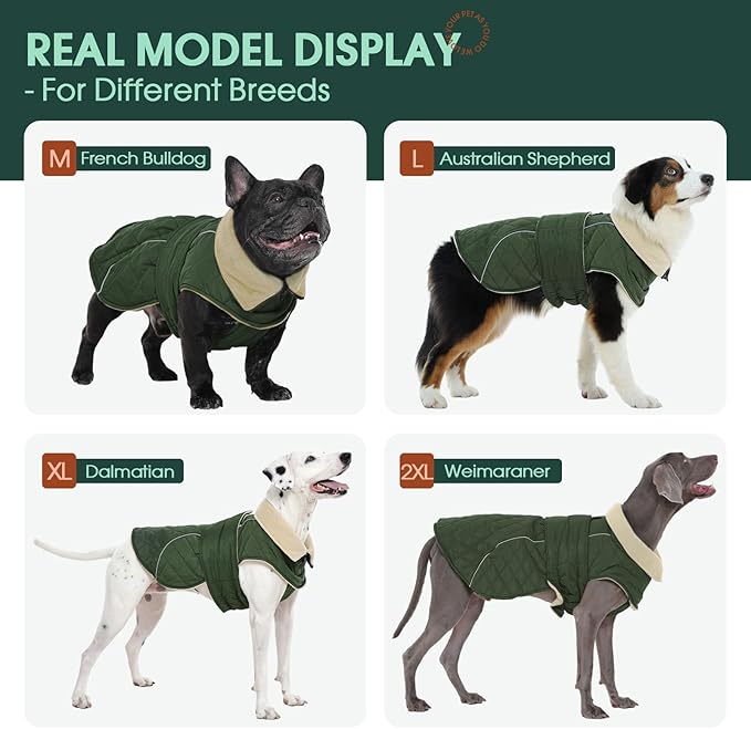 Kuoser Extra Warm Dog Coat, Windproof Cold Weather Jacket for Large Dogs, Fleece Lining Christmas Dog Jacket Pet Turtleneck Snowsuit with Reflective Strips Adjustable Winter Outfit, Green XL