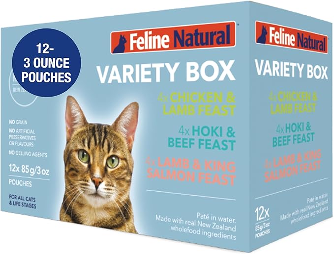 Feline Natural Wet Cat Food Variety Pack - Chicken, Lamb, Salmon & Beef Feast, Grain-Free, 3oz Pouches, New Zealand Made, Assorted Single Serve Pates (12 Pack)