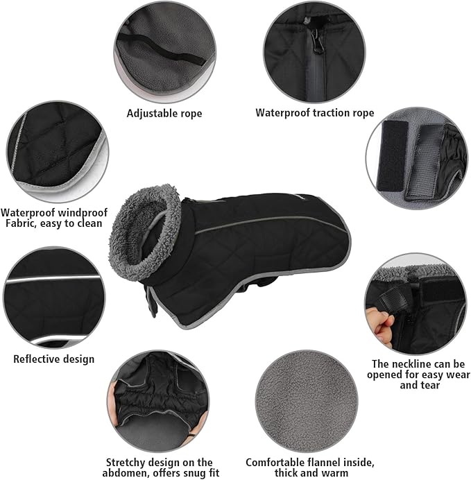 Fragralley Dog Coat Medium, Waterproof Dog Jacket with Warm Fleece Lining, Adjustable Reflective Dogs Winter Coat, Turtleneck Pet Coats for Cold Weather (Black M)