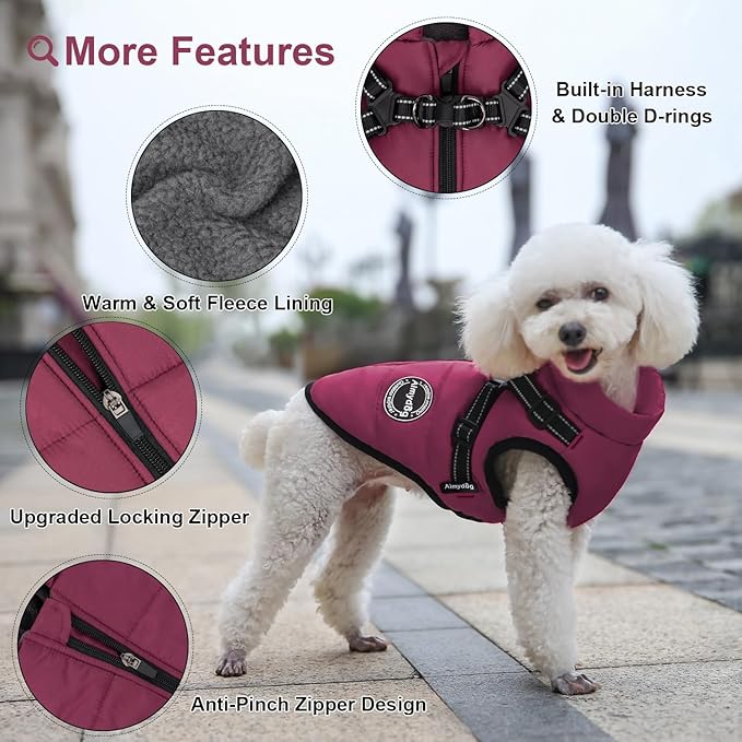 Warm Winter Coat for Dogs, Fashionable Sports Jacket with Built-in Harness, Reflective & Adjustable Pet Vest, Waterproof Windproof Apparel for Small Dogs (Purple)