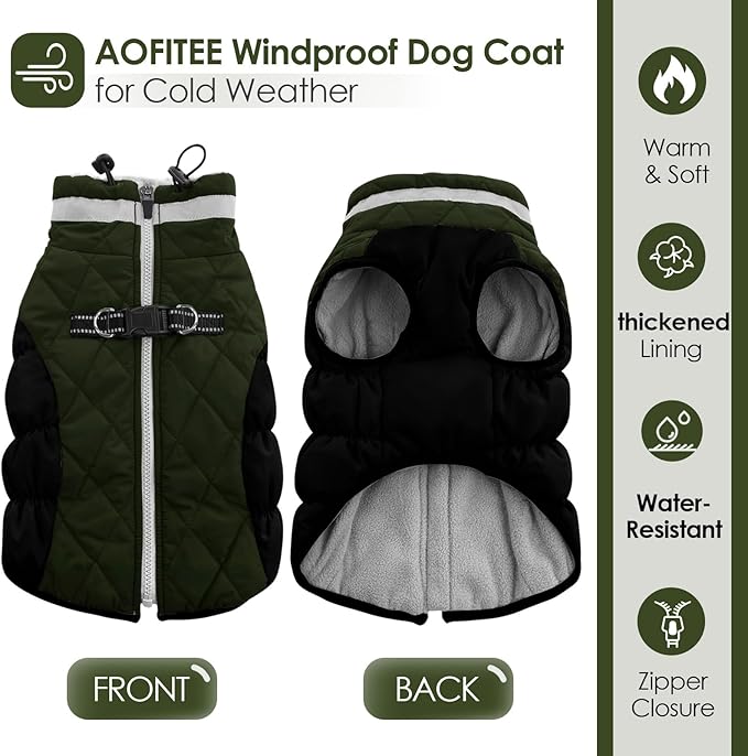 AOFITEE Dog Coat, Warm Dog Winter Coat for Small Dogs, Reflective Turtleneck Dogs Jacket with Harness Built in, Waterproof Windproof Pet Fleece Vest Snow Jacket for Cold Weather, Green S