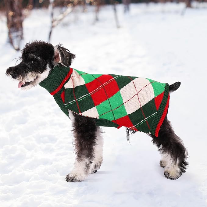KOOLTAIL Dog Christmas Sweater Pet Knitted Clothes - Classic Plaid Pull Over Turtleneck Dog Sweaters with Leash Hole Warm Dogs Winter Clothing for Small Medium Dogs Cats Puppy Boy Girl Red & Green S