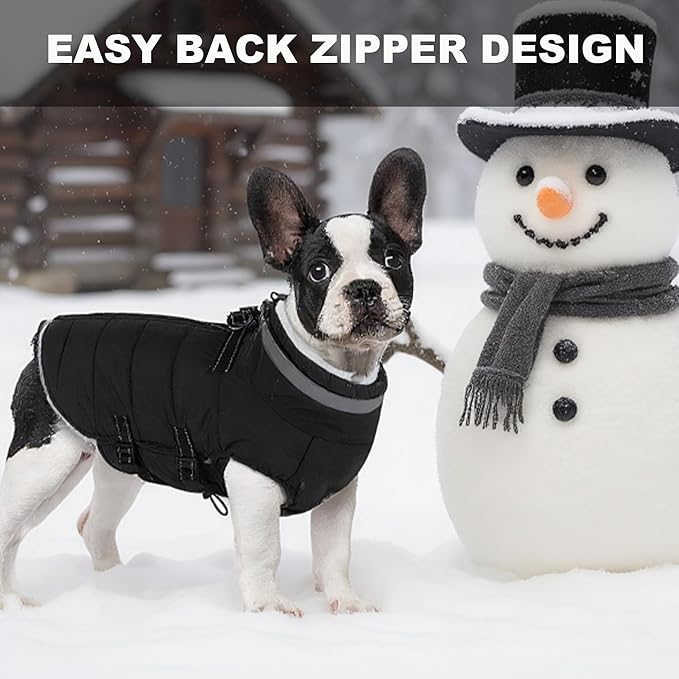 Large Dog Coat with Harness Built-in, Waterproof Reflective Fleece Lined - Warm Windproof Winter Jacket with Back Zipper, Cold Weather Snow Dog Coats - Black - XL