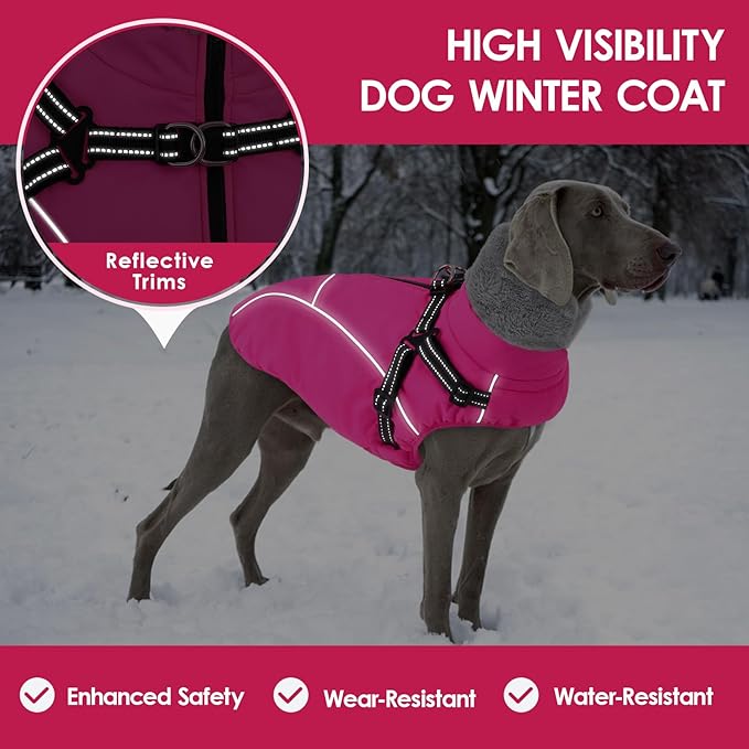 AOFITEE Dog Coat for Large Dogs, Waterproof Dog Jacket with Harness Built in, Warm Fleece Pet Puffer Jacket with Zipper, Cold Weather Coats for Dogs Outdoor, Reflective Pet Snowsuit, Pink XL