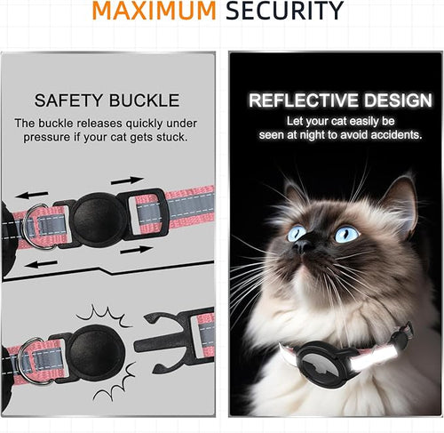 Airtag Cat Collar Breakaway, Odokele Reflective Cats Collars with Apple Air Tag Holder for Kitten, Cat GPS Tracker Adjustable Collars with Safety Quick Release Buckle for Kitties and Puppies - Pink
