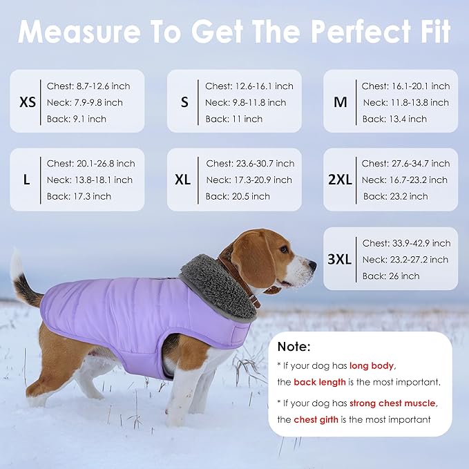 Dog Winter Coat, Waterproof Dog Jacket with Leash Hole, Reflective Adjustable Pet Snow Vest, Warm Fleece Sweater for Small Medium Large Dogs - Light Purple, M