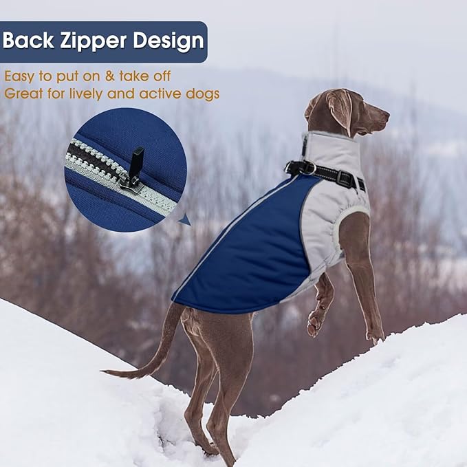 Reflective Dog Coat with Harness Built in,XL Soft Warm Dog Jacket for Cold Weather,Windproof Snowproof Pet Vest for Outdoor Walking Hiking,Adjustable Collar Easy On/Off,Blue,XL