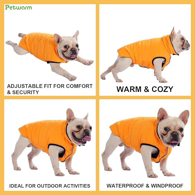 PetWarm Reversible Dog Cold Weather Coats, Waterproof Dog Puffer Vest, Vest for Dogs with Hook-and-Loop Strap, Windproof Outdoor Coat for Winter Walks and Snowy Days, Orange, M