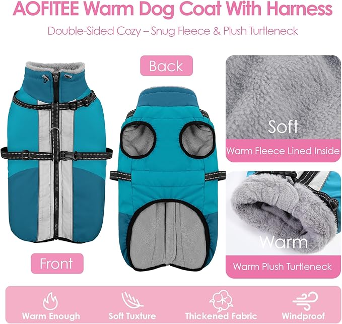 AOFITEE Dog Coat for Large Dogs, XXXL Dog Winter Jacket with Harness Built in, Turtleneck Cold Weather Coat for Extra Large Dogs, Reflective Pet Fleece Jacket with Zipper for Great Dane, Turquoise 3XL