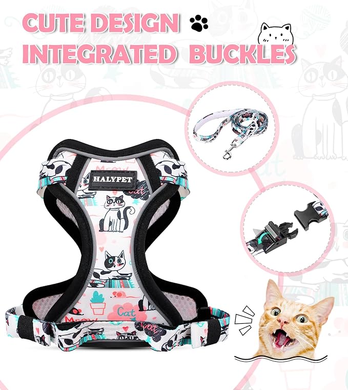 Halypet Cat Harness and Leash Set[MAX Safety 4th-Gen] Cute Escape Proof Vest Harness for Girl&Boy Cat Walking, Comfortable Adjustable Leash and Reflective Strips for Outdoor Kitten, XS Inky Meowy