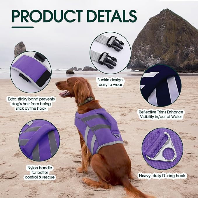 Kuoser Life Jacket with Reflective Stripes, Adjustable High Visibility Dog Vest Ripstop Lifesaver Pet Life Preserver for Small Medium and Large Dogs